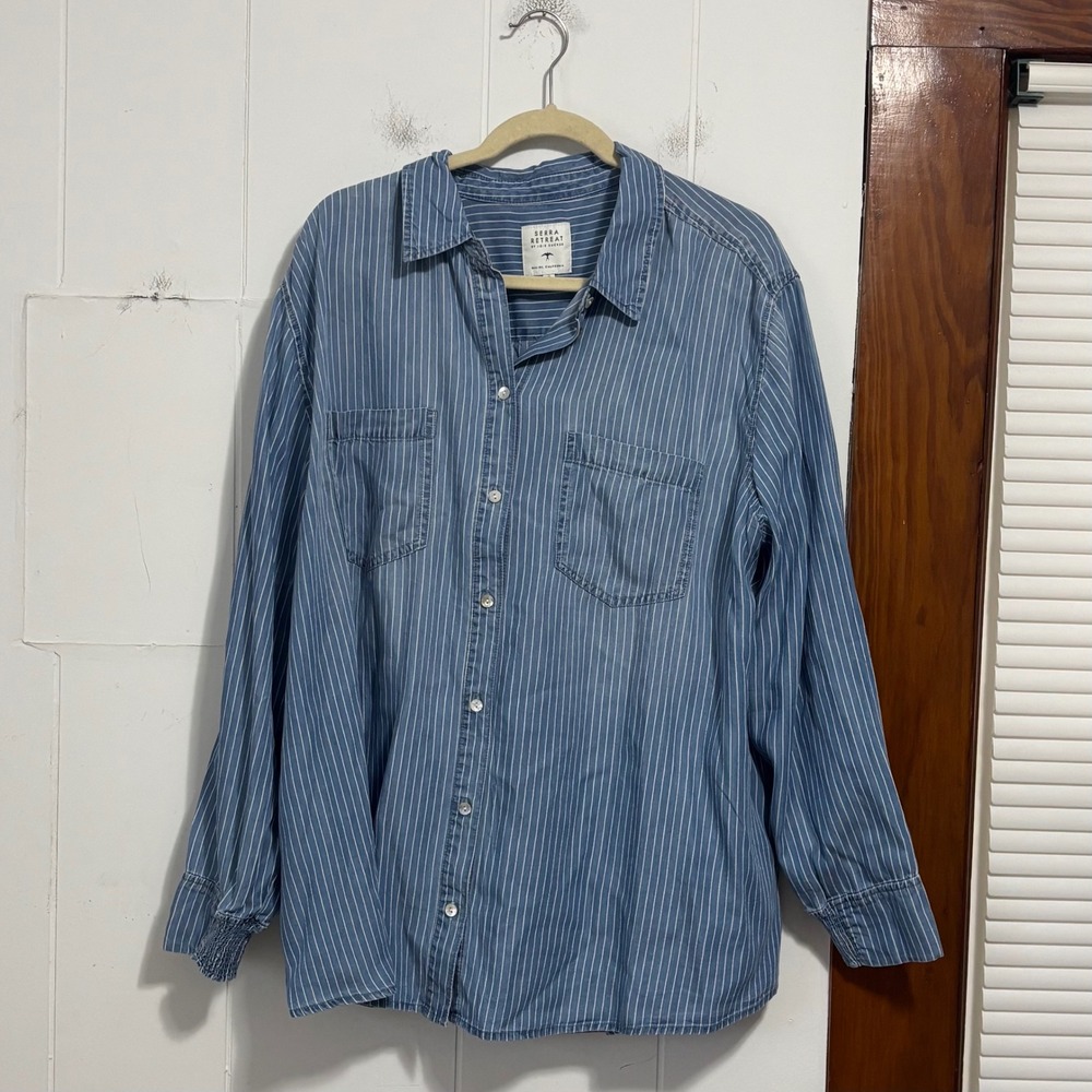 Serra‎ Retreat Joie Rucker Womens 2X Blue Pinstripe Lyocell Button Down Shirt